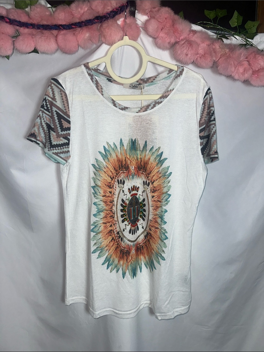 Delila White Short Sleeve Tee with Teal and Orange Sunburst Motif